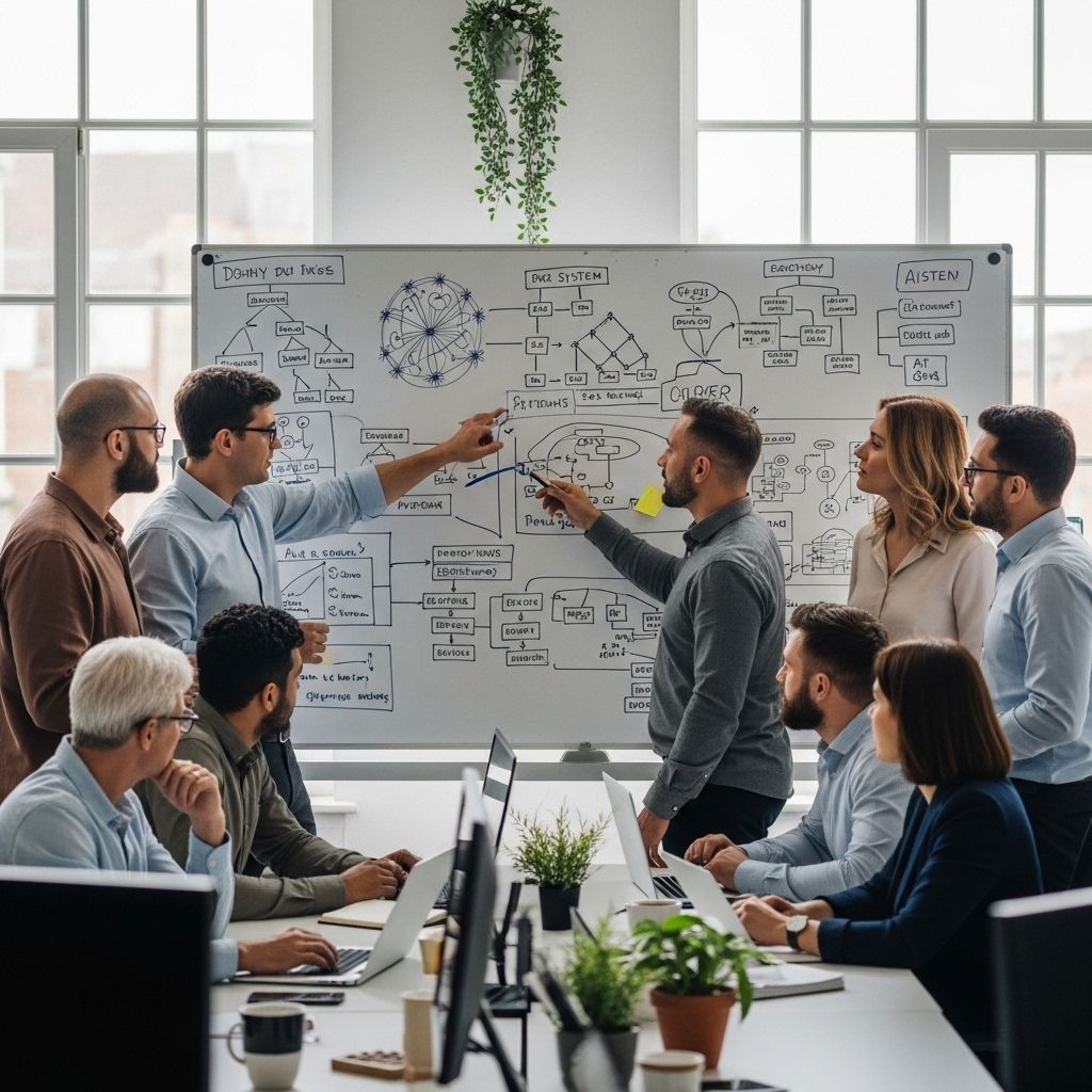 Команда разработчиков Qirex обсуждает архитектуру AI-системы у белой доски с диаграммами нейросетей и схемами данных в светлом офисе