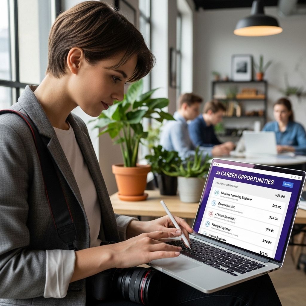 Молодой специалист изучает карьерные возможности в сфере AI на экране ноутбука, список вакансий и зарплат в области искусственного интеллекта