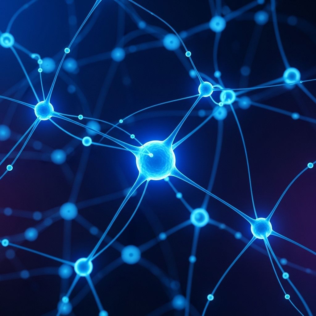 Футуристическая визуализация нейронной сети GPT с светящимися синими узлами и соединениями на тёмном фоне