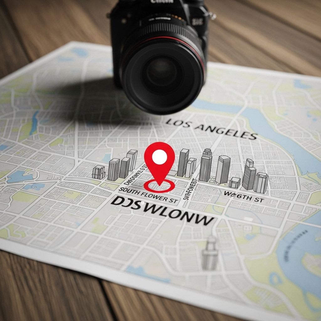 Карта района Downtown Los Angeles со значком местонахождения офиса Qirex на пересечении South Flower Street и улицы рядом с небоскрёбами делового центра города