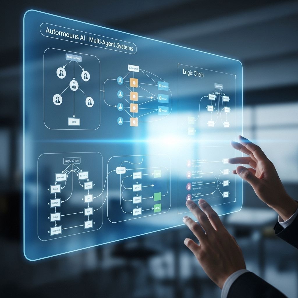 Визуализация автономных AI-агентов и многоагентных систем с диаграммами рабочих процессов и логических цепочек на светящемся экране