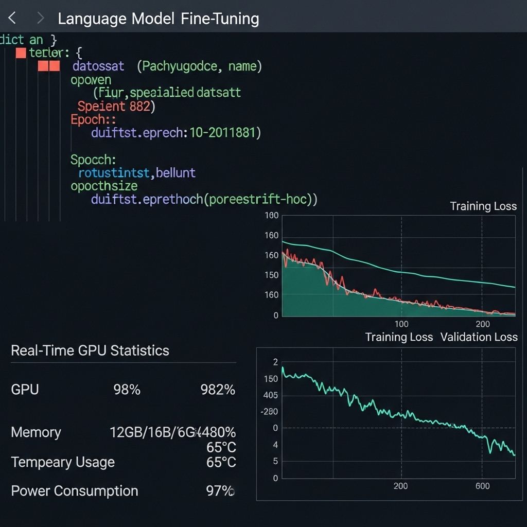 Терминал с процессом дообучения языковой модели на специализированном датасете, GPU статистика и графики лосса во время fine-tuning