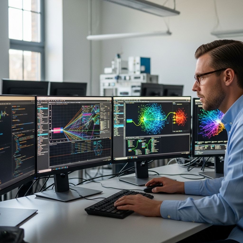 Учёный за компьютером анализирует графики машинного обучения и нейросетевые диаграммы на нескольких мониторах в современной лаборатории