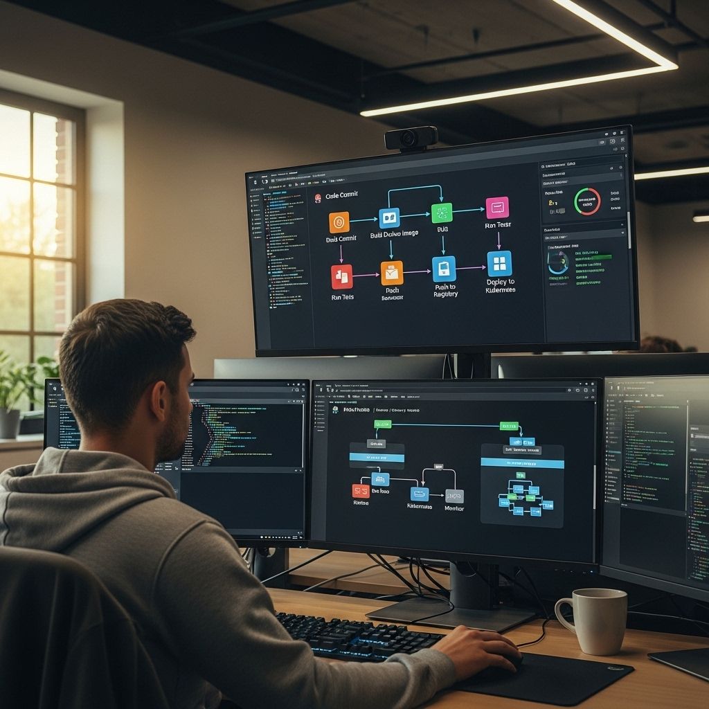 DevOps инженер настраивает CI/CD пайплайн для деплоя ML-модели с Docker контейнерами и Kubernetes кластером на мониторах