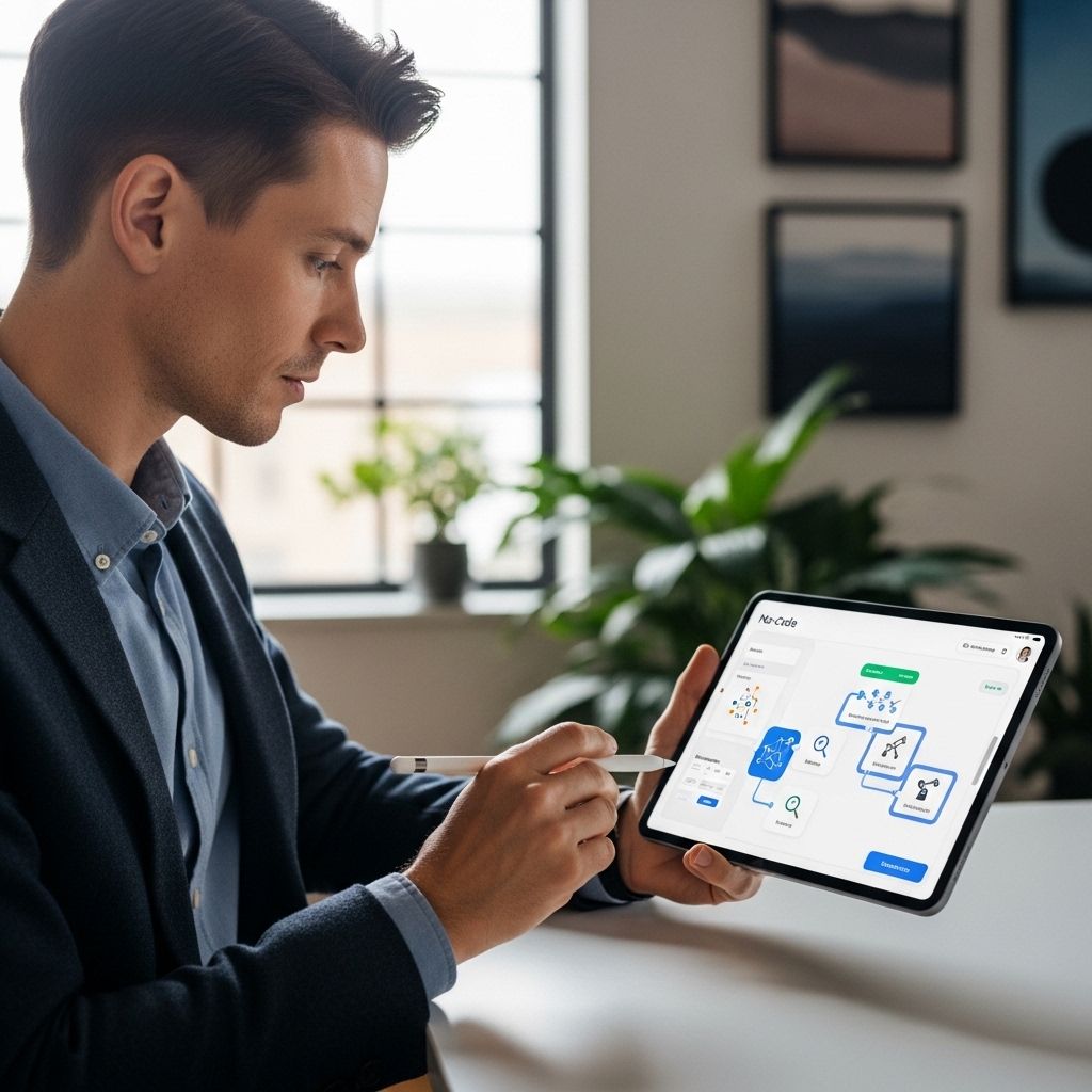 Бизнес-профессионал использует no-code платформу для автоматизации бизнес-процессов с помощью AI инструментов на планшете