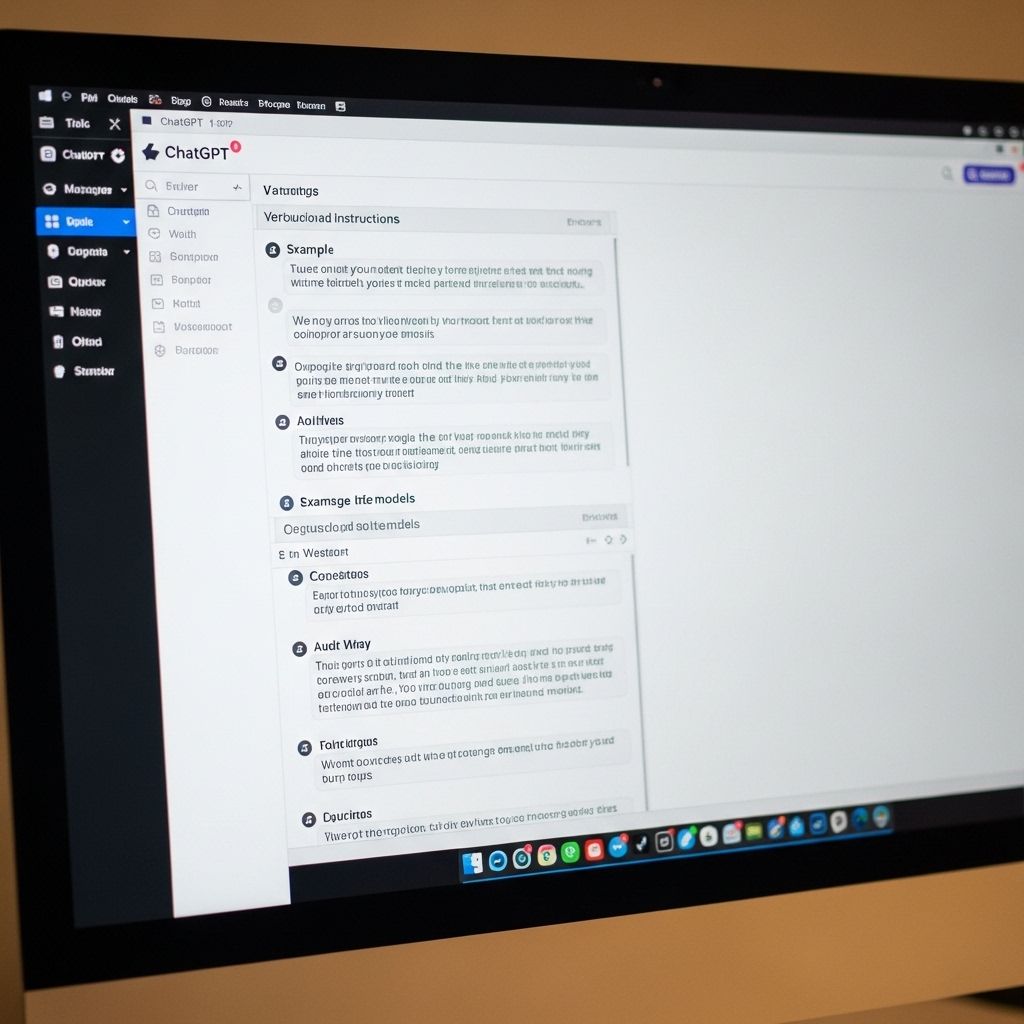 Экран компьютера с интерфейсом ChatGPT и тщательно продуманными промптами, примеры инструкций для языковых моделей
