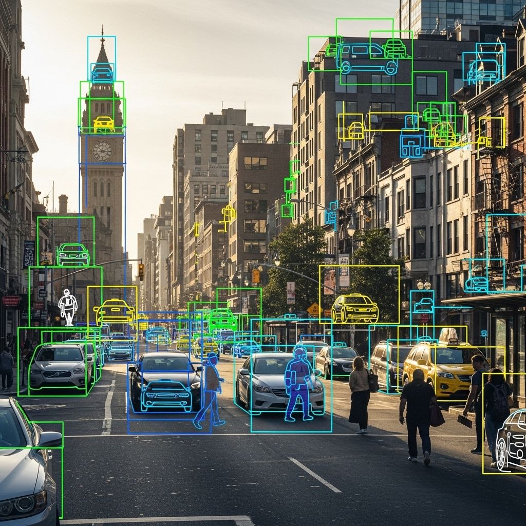 Компьютерное зрение в действии: система распознавания объектов на изображении выделяет рамками машины, людей и здания