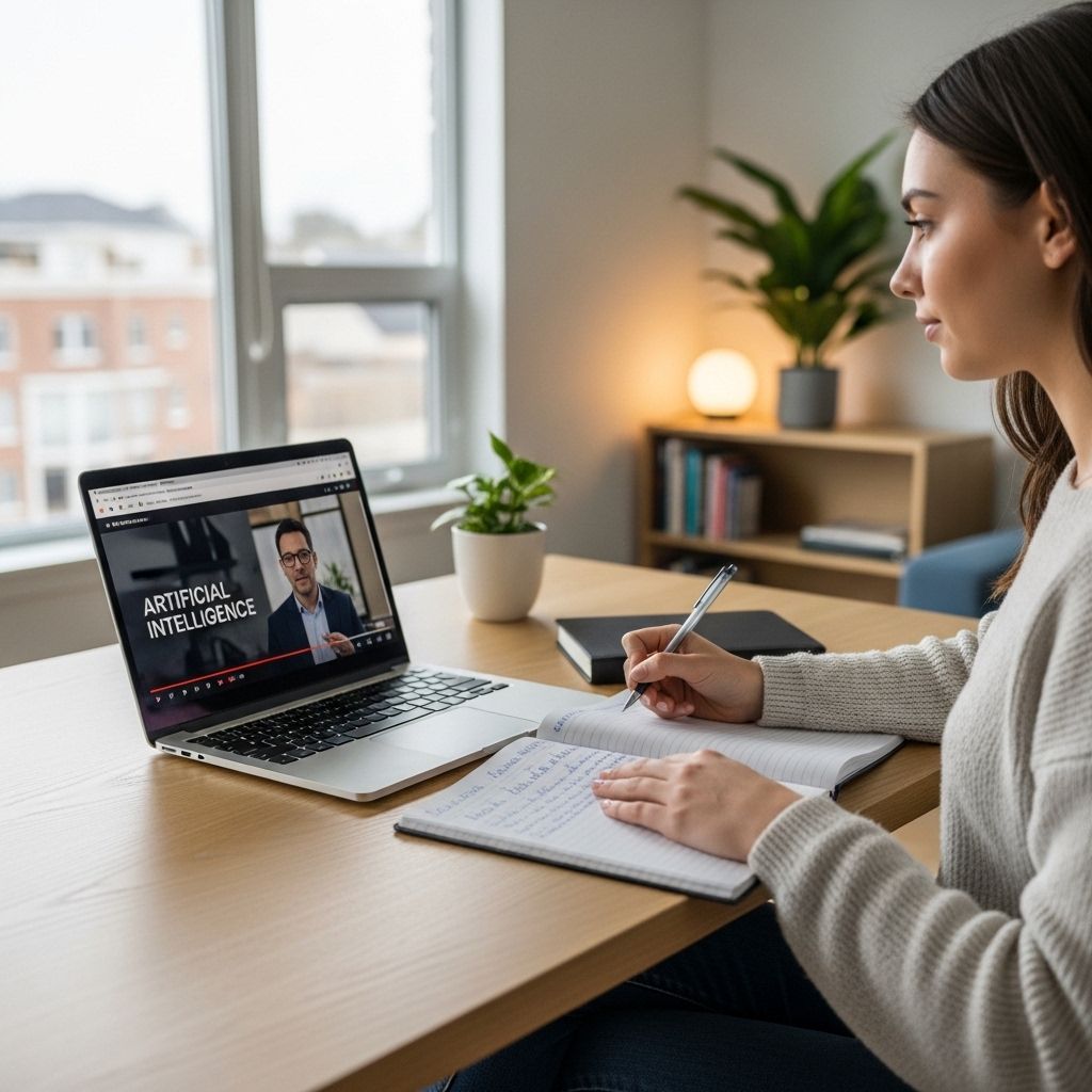 Студентка в современной домашней обстановке смотрит видеолекцию по искусственному интеллекту на ноутбуке, делает заметки в блокноте