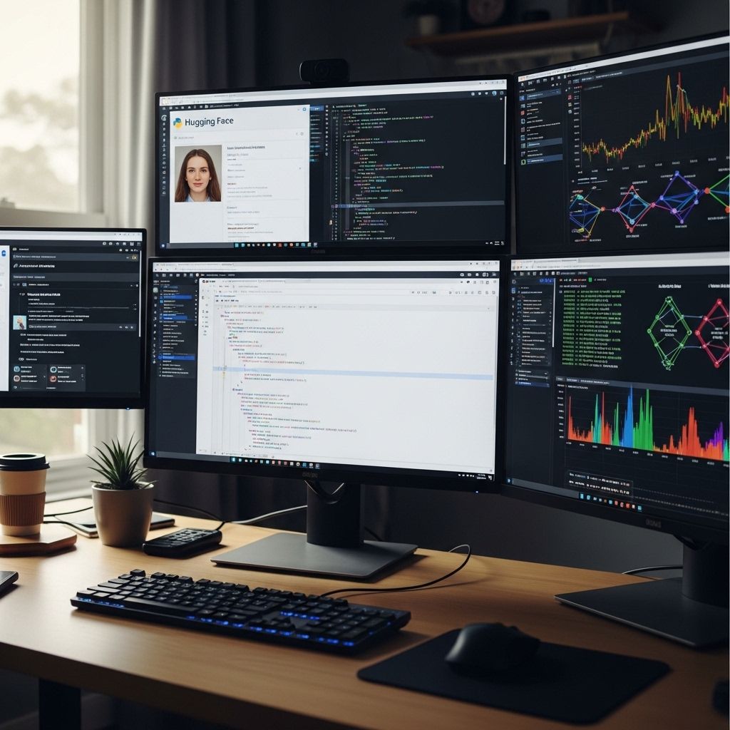 Рабочее место разработчика AI с несколькими открытыми вкладками: код Python, интерфейс Hugging Face, терминал с запущенными нейросетями и визуализации данных