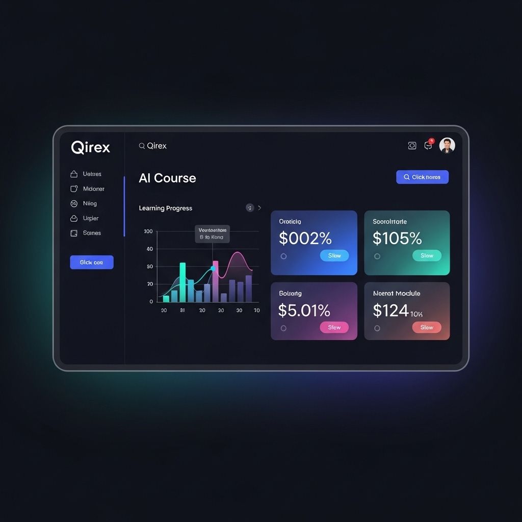 Современный интерфейс образовательной платформы Qirex с дашбордом AI-курсов, графиками прогресса обучения и интерактивными модулями на тёмном фоне