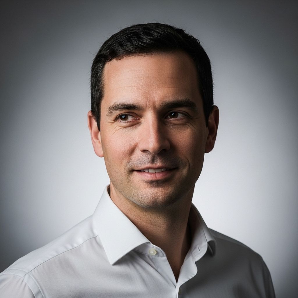 Профессиональное фото мужчины 35-40 лет с короткими тёмными волосами в деловой рубашке, уверенная улыбка на нейтральном сером фоне