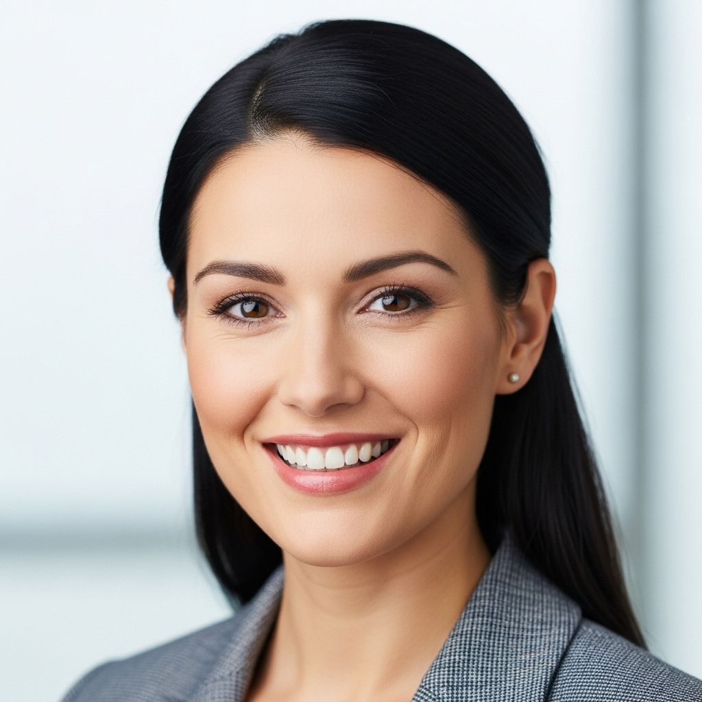 Профессиональное фото женщины 30-35 лет с тёмными волосами убранными назад, в жакете, с открытой и приятной улыбкой на светлом фоне