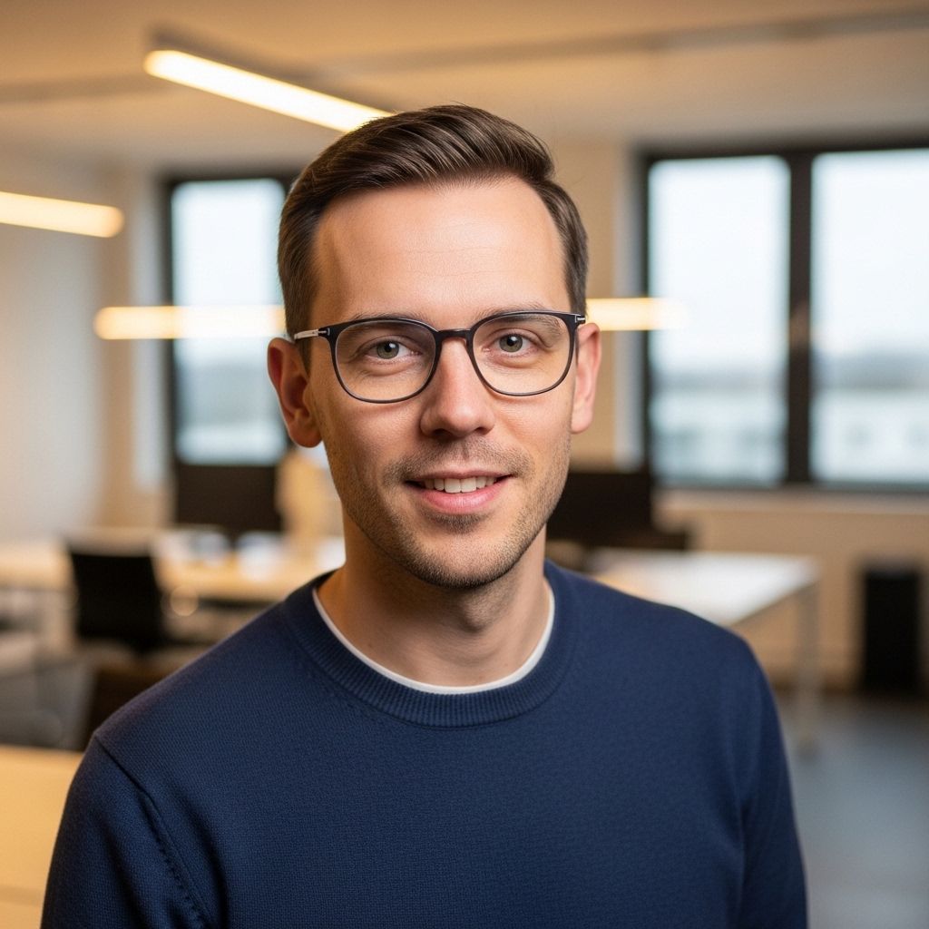 Профессиональное фото мужчины 28-32 лет в очках с прямоугольными оправами, в свитере, дружелюбный взгляд, современная офисная обстановка