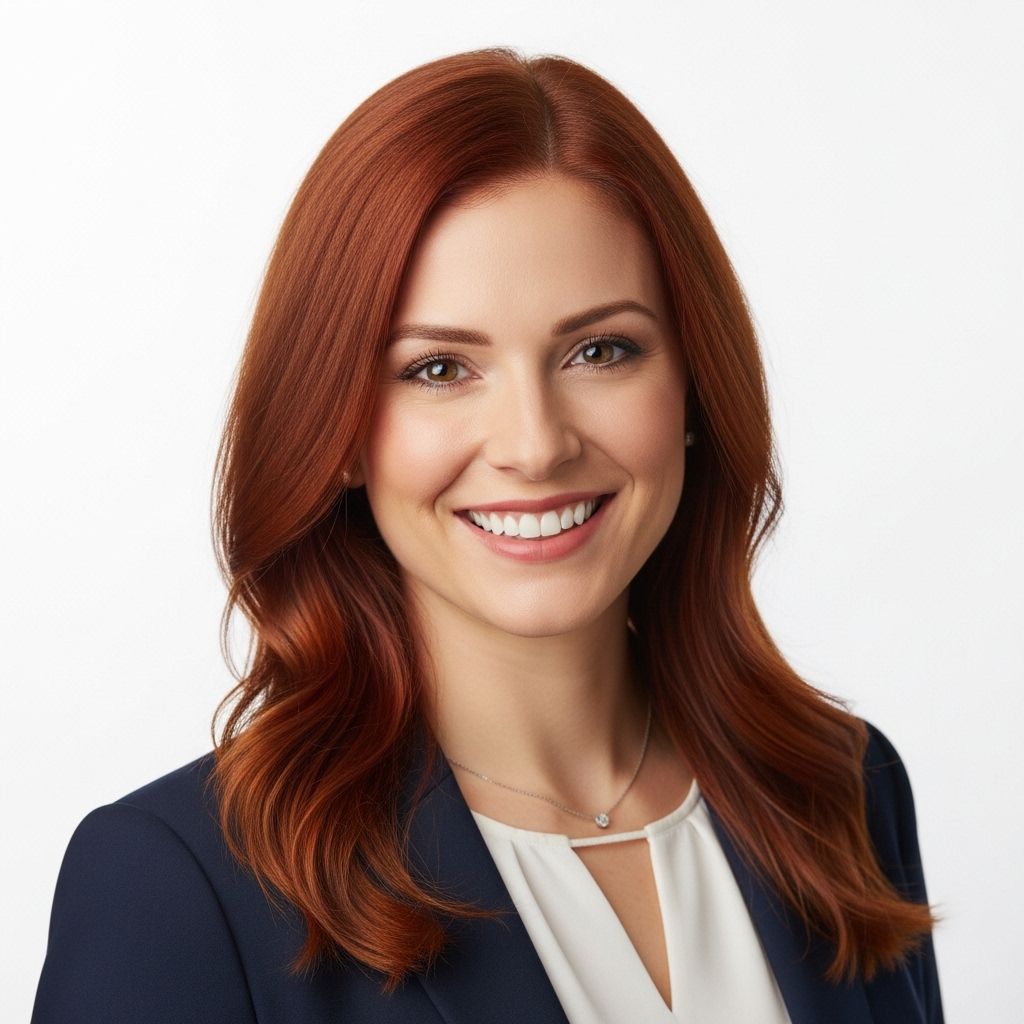 Профессиональное фото женщины 25-30 лет с рыжими волосами, яркой улыбкой, в современной деловой одежде, белый фон студии