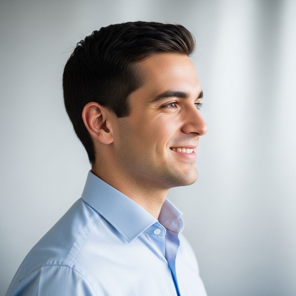 Молодой мужчина с тёмными волосами, улыбается, в деловой рубашке на нейтральном фоне, фото на профиль