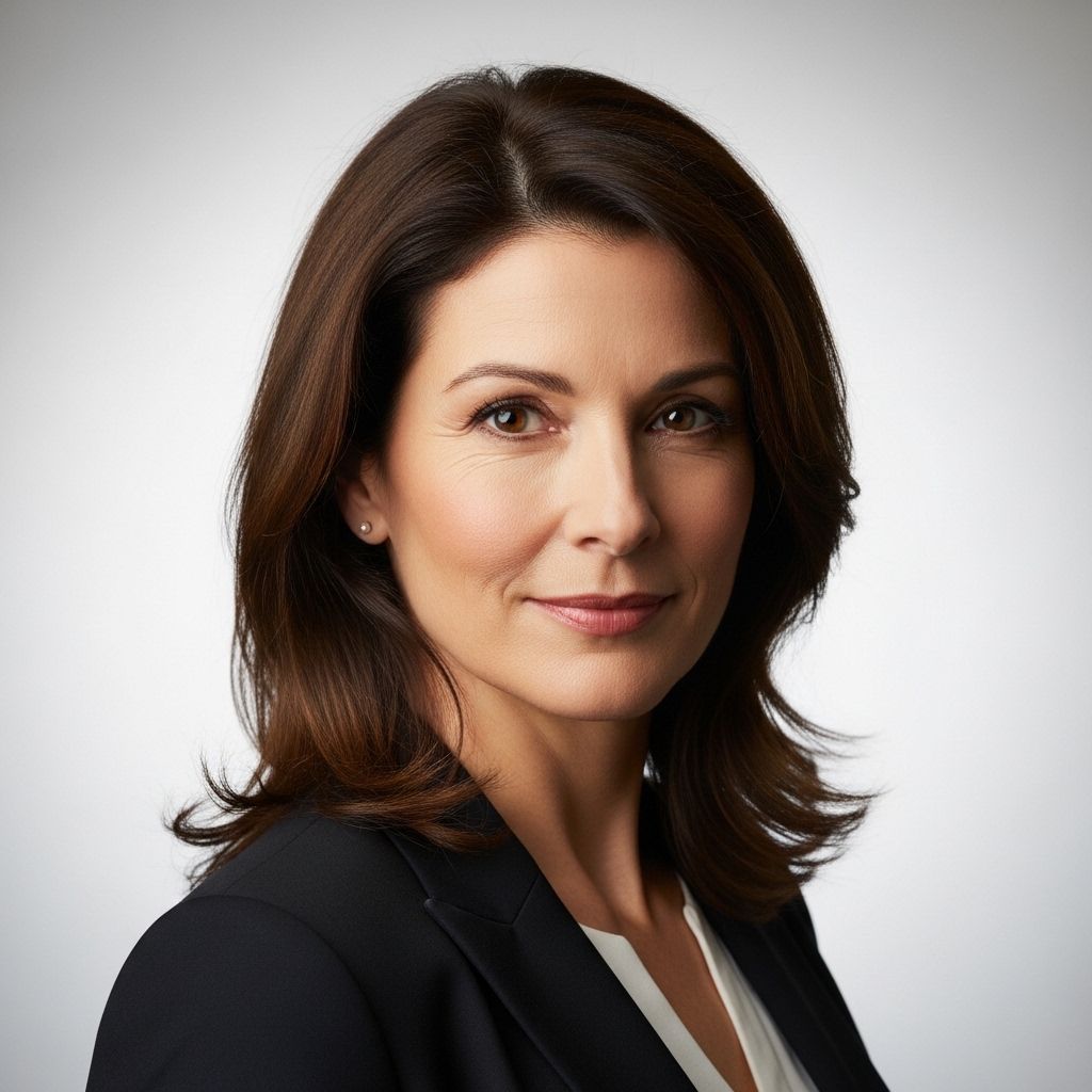 Женщина средних лет с каштановыми волосами, профессиональное фото на светлом фоне, уверенный взгляд