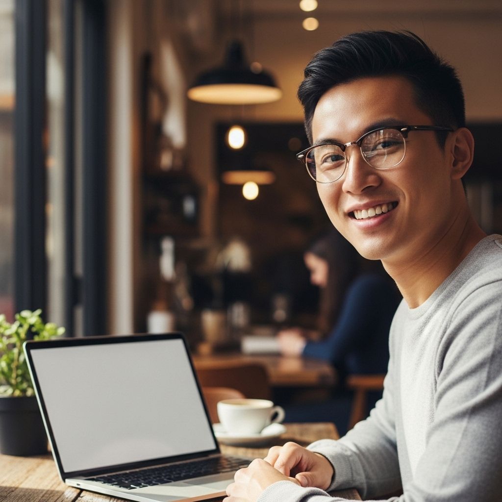 Молодой человек азиатской внешности в очках, улыбается перед ноутбуком в кафе, неформальная обстановка